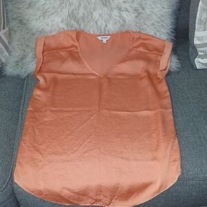 Express Satin V-Neck Cap Sleeve Blouse - Coral Orange